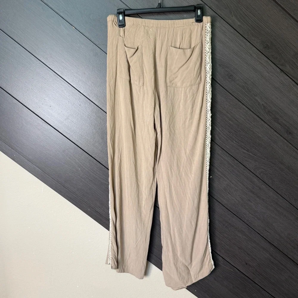 Zara Women's Linen Blend Wide Leg Crochet Trim Pants XS Beige Boho Coastal